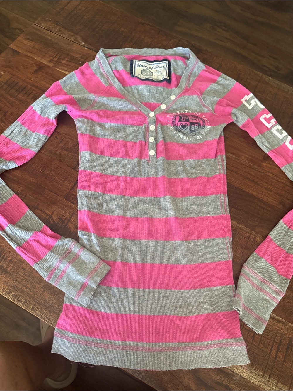 Victoria Secret PINK - Pink & Gray Striped Henley Long Sleeve Top